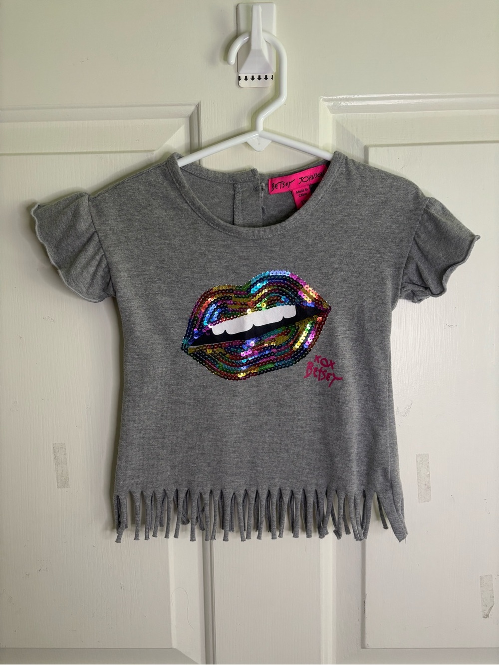 Betsey Johnson Gray Tee with Rainbow Sequin Lip Applique and Fringe